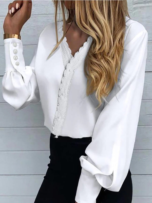 Elegant V-Neck Long Sleeve Blouse with Lace Trim