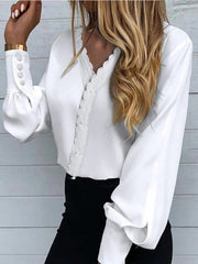 Elegant V-Neck Long Sleeve Blouse with Lace Trim