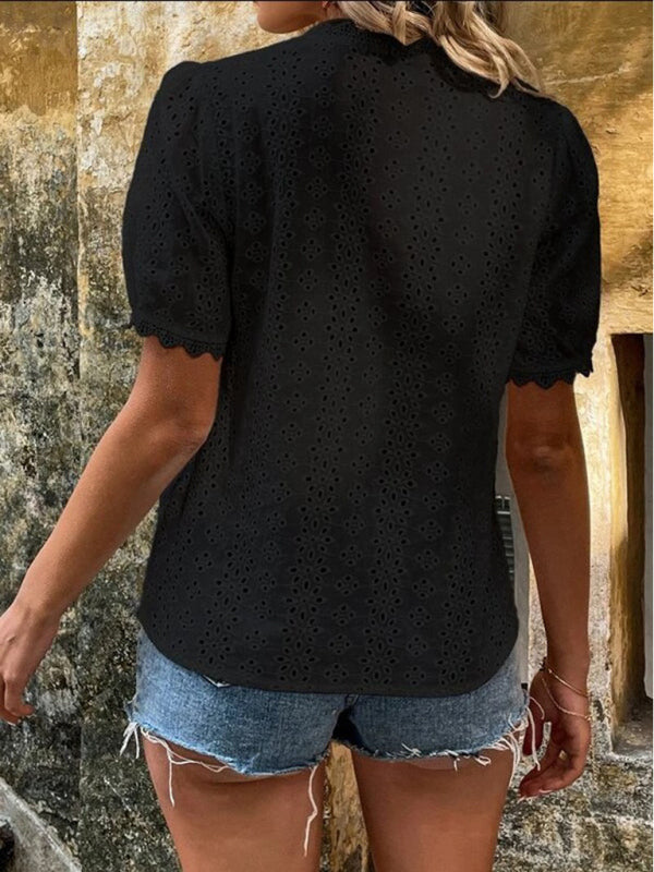 V-Neck Short Sleeve Top with Lace Trim