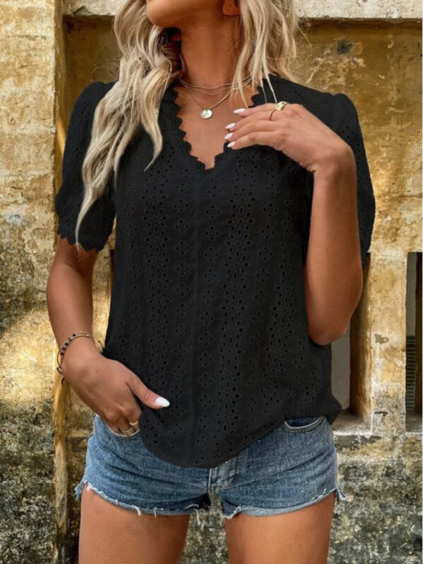 V-Neck Short Sleeve Top with Lace Trim