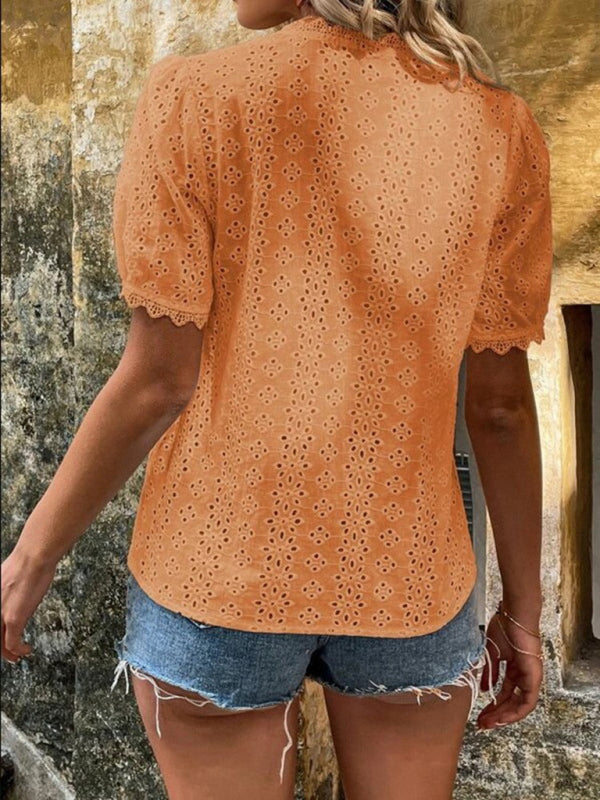 V-Neck Short Sleeve Top with Lace Trim