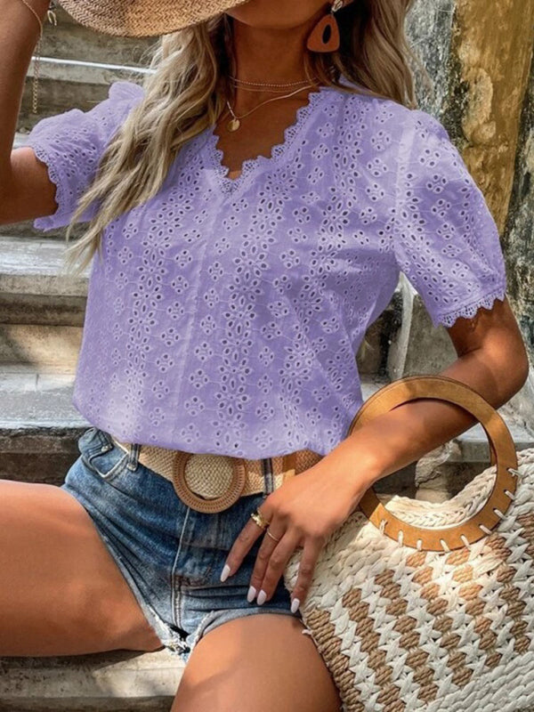 V-Neck Short Sleeve Top with Lace Trim