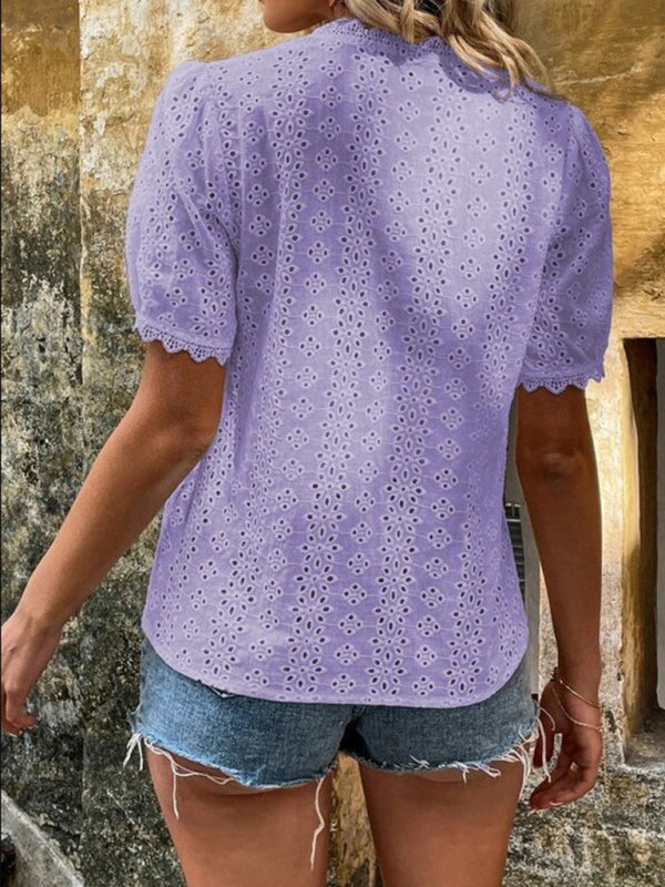 V-Neck Short Sleeve Top with Lace Trim