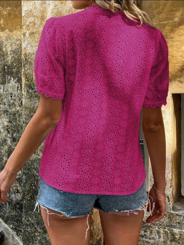 V-Neck Short Sleeve Top with Lace Trim