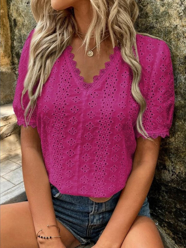 V-Neck Short Sleeve Top with Lace Trim