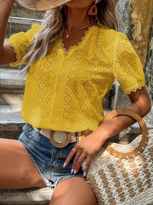 V-Neck Short Sleeve Top with Lace Trim
