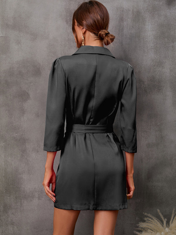 V-Neck Suit Dress with Lapel and Belt