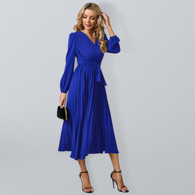 V-Neck Long Sleeve Dress with Pleated Skirt in 4 Colors S-XXL