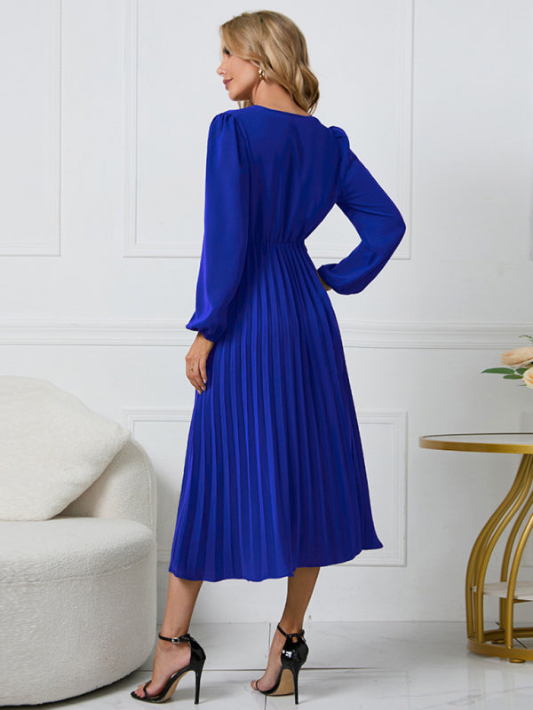 V-Neck Long Sleeve Dress with Pleated Skirt in 4 Colors S-XXL