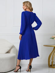 V-Neck Long Sleeve Dress with Pleated Skirt in 4 Colors S-XXL