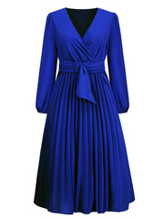 V-Neck Long Sleeve Dress with Pleated Skirt in 4 Colors S-XXL