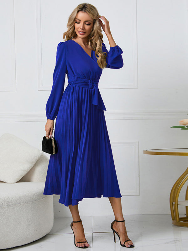 V-Neck Long Sleeve Dress with Pleated Skirt in 4 Colors S-XXL