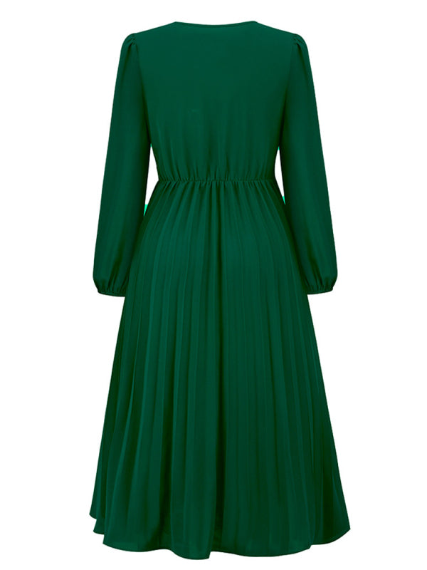 V-Neck Long Sleeve Dress with Pleated Skirt in 4 Colors S-XXL