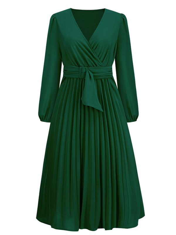 V-Neck Long Sleeve Dress with Pleated Skirt in 4 Colors S-XXL
