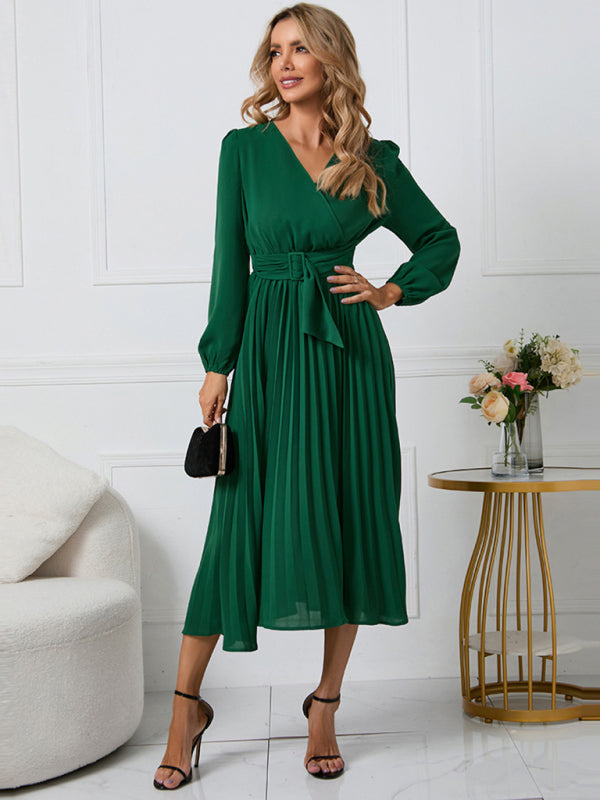 V-Neck Long Sleeve Dress with Pleated Skirt in 4 Colors S-XXL