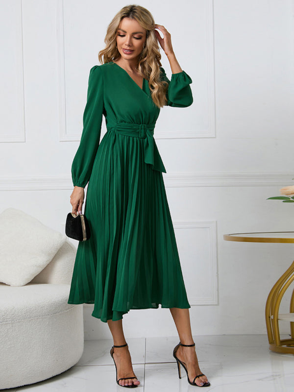 V-Neck Long Sleeve Dress with Pleated Skirt in 4 Colors S-XXL