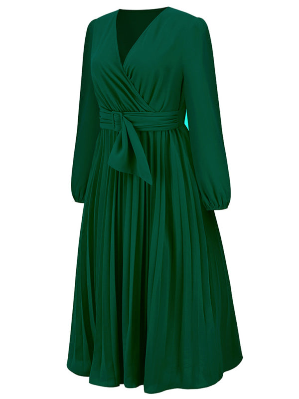 V-Neck Long Sleeve Dress with Pleated Skirt in 4 Colors S-XXL
