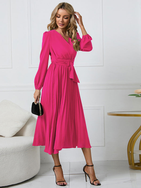 V-Neck Long Sleeve Dress with Pleated Skirt in 4 Colors S-XXL