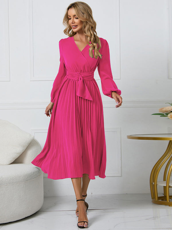 V-Neck Long Sleeve Dress with Pleated Skirt in 4 Colors S-XXL