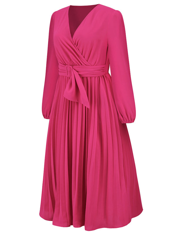 V-Neck Long Sleeve Dress with Pleated Skirt in 4 Colors S-XXL