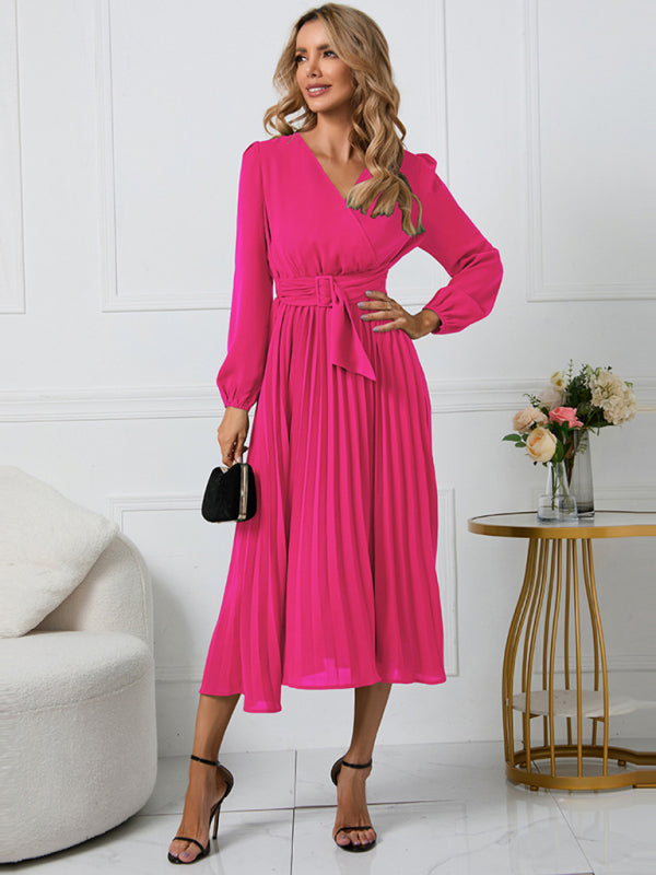 V-Neck Long Sleeve Dress with Pleated Skirt in 4 Colors S-XXL