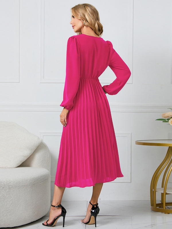 V-Neck Long Sleeve Dress with Pleated Skirt in 4 Colors S-XXL