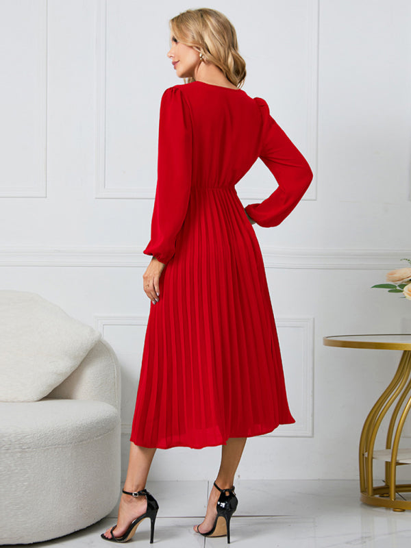 V-Neck Long Sleeve Dress with Pleated Skirt in 4 Colors S-XXL