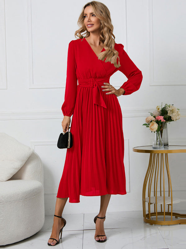V-Neck Long Sleeve Dress with Pleated Skirt in 4 Colors S-XXL