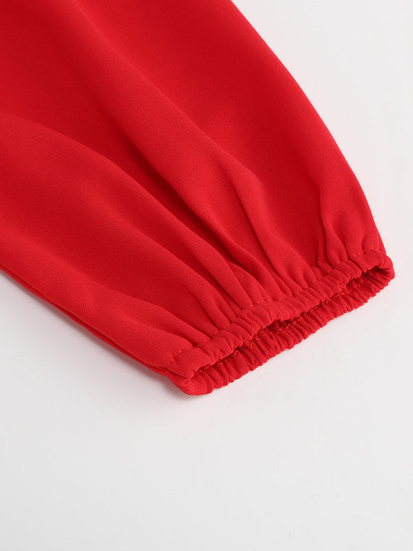 V-Neck Long Sleeve Dress with Pleated Skirt in 4 Colors S-XXL