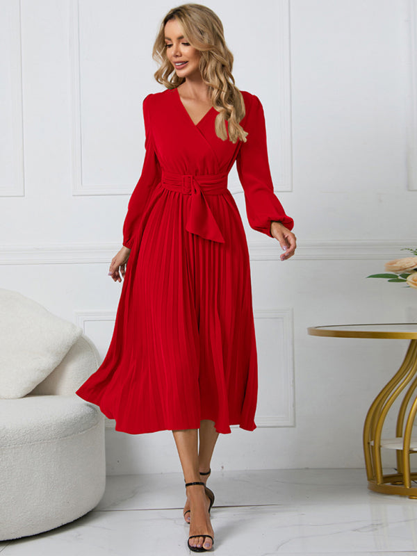 V-Neck Long Sleeve Dress with Pleated Skirt in 4 Colors S-XXL