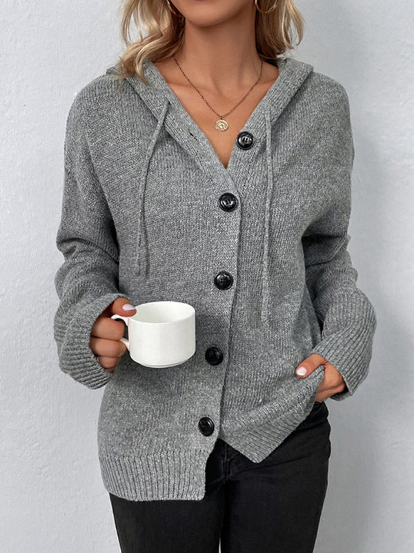 Hooded Button-Up Long Sleeve Cardigan