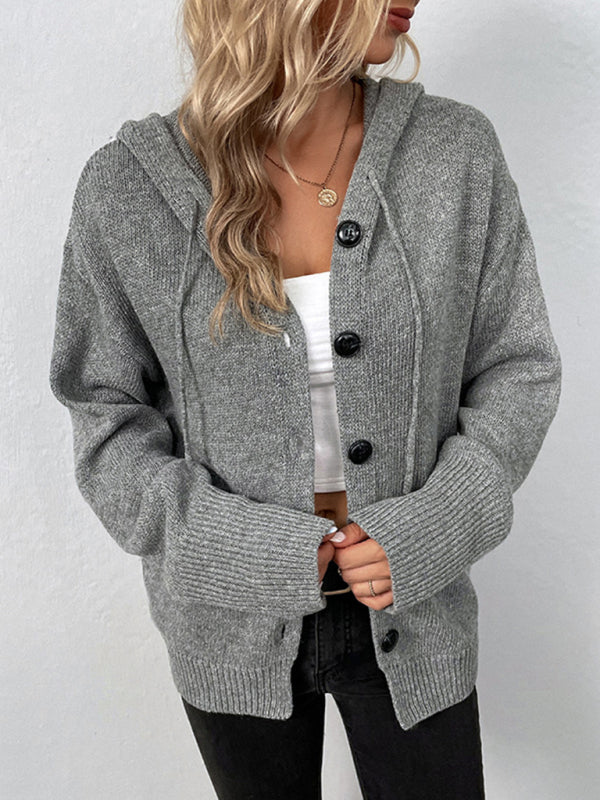 Hooded Button-Up Long Sleeve Cardigan