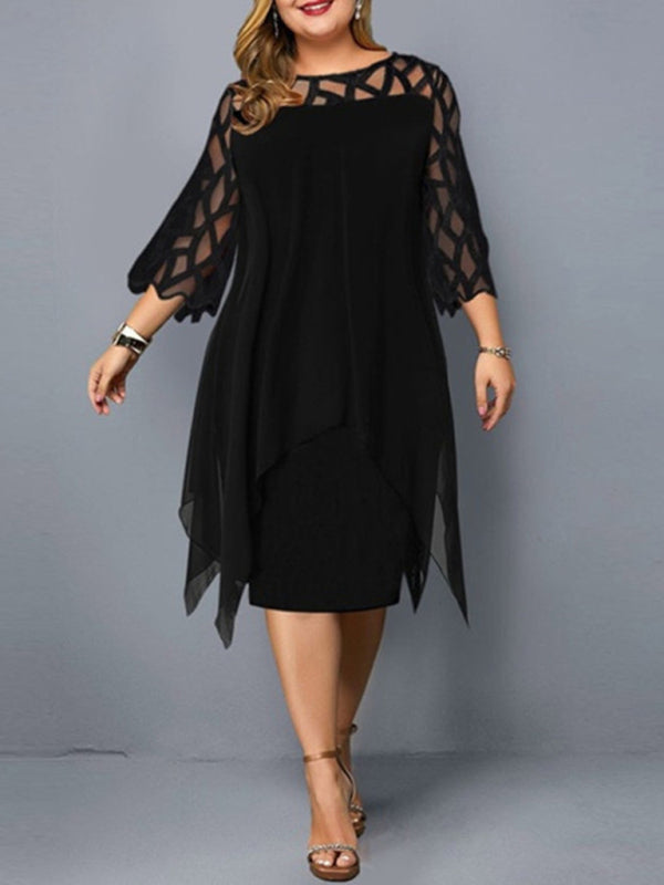 Lace Three-Quarter Sleeve Black Chiffon Plus Size Dress L-5XL