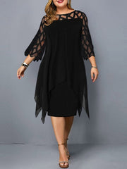 Lace Three-Quarter Sleeve Black Chiffon Plus Size Dress L-5XL