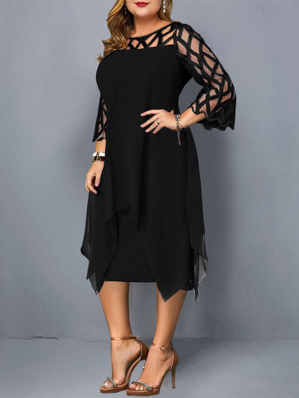 Lace Three-Quarter Sleeve Black Chiffon Plus Size Dress L-5XL