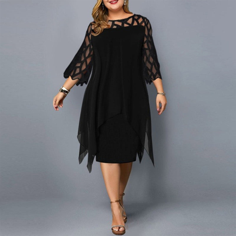 Lace Three-Quarter Sleeve Black Chiffon Plus Size Dress L-5XL