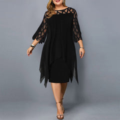 Lace Three-Quarter Sleeve Black Chiffon Plus Size Dress L-5XL