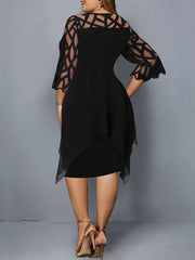 Lace Three-Quarter Sleeve Black Chiffon Plus Size Dress L-5XL