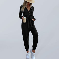 Schwarzer Jumpsuit mit V-Ausschnitt und Knöpfen, langen Ärmeln und Taschen, S-XL 