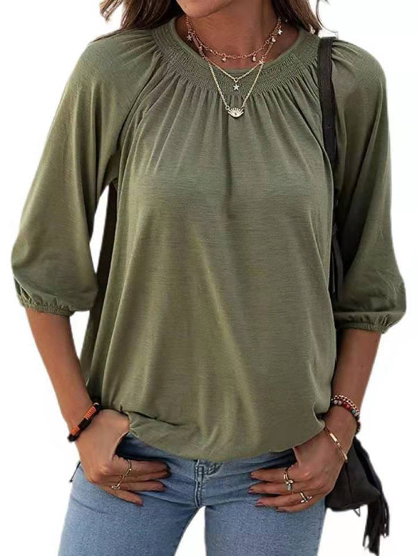 Solid Color Round Neck 3/4 Sleeves Top in 8 Colors S-XXL