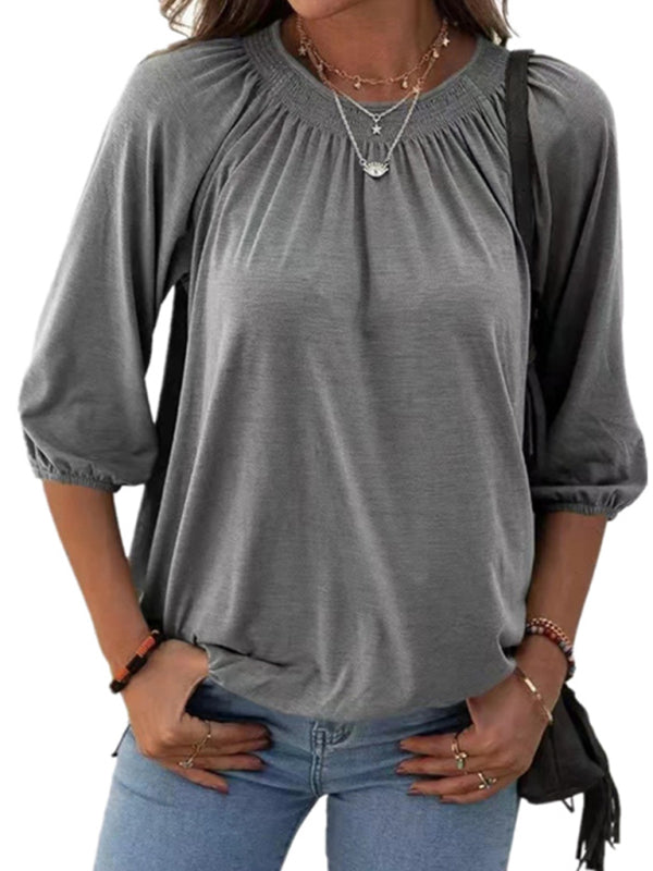 Solid Color Round Neck 3/4 Sleeves Top in 8 Colors S-XXL