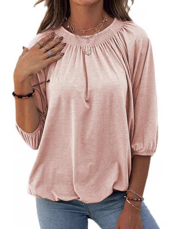 Solid Color Round Neck 3/4 Sleeves Top in 8 Colors S-XXL