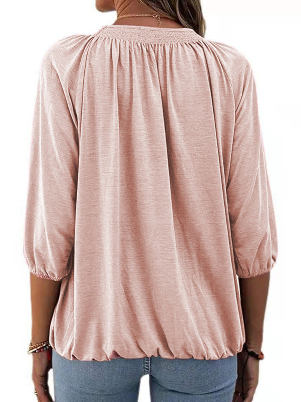 Solid Color Round Neck 3/4 Sleeves Top in 8 Colors S-XXL