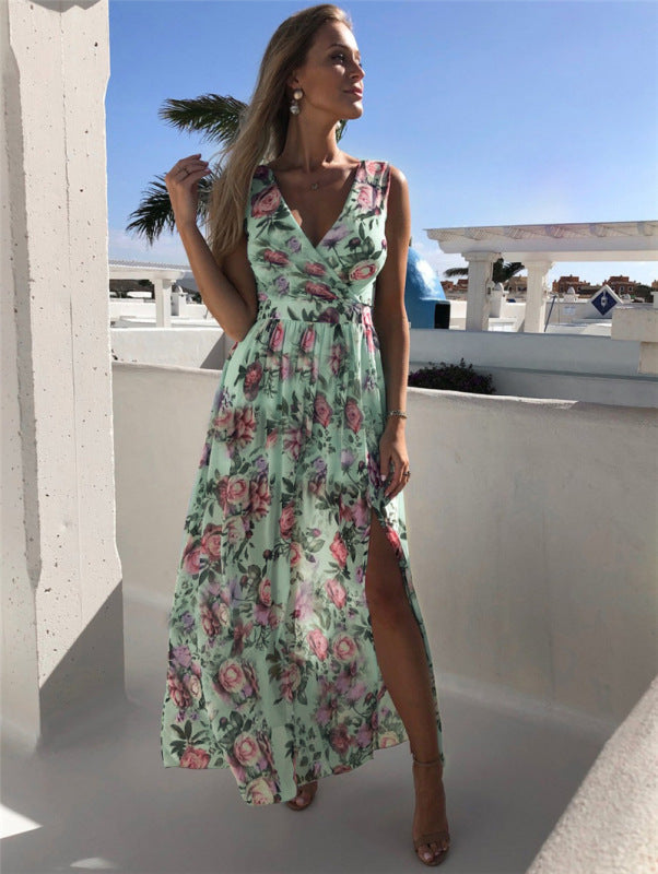 Floral Print Sleeveless Chiffon Maxi Dress in 4 Colors