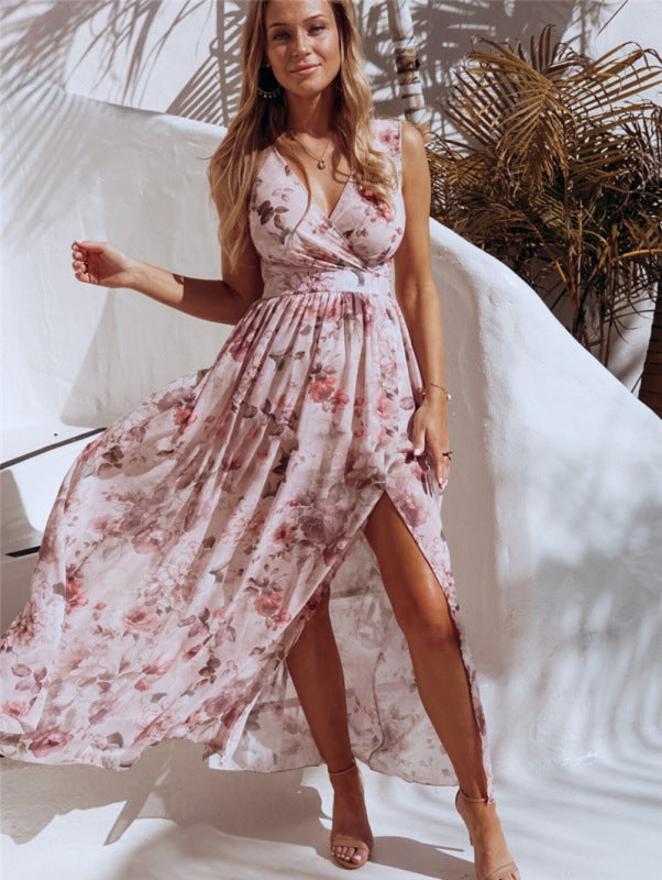 Floral Print Sleeveless Chiffon Maxi Dress in 4 Colors