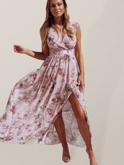 Floral Print Sleeveless Chiffon Maxi Dress in 4 Colors