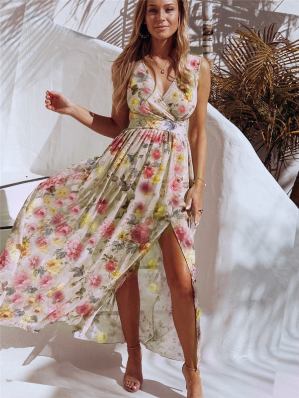 Floral Print Sleeveless Chiffon Maxi Dress in 4 Colors