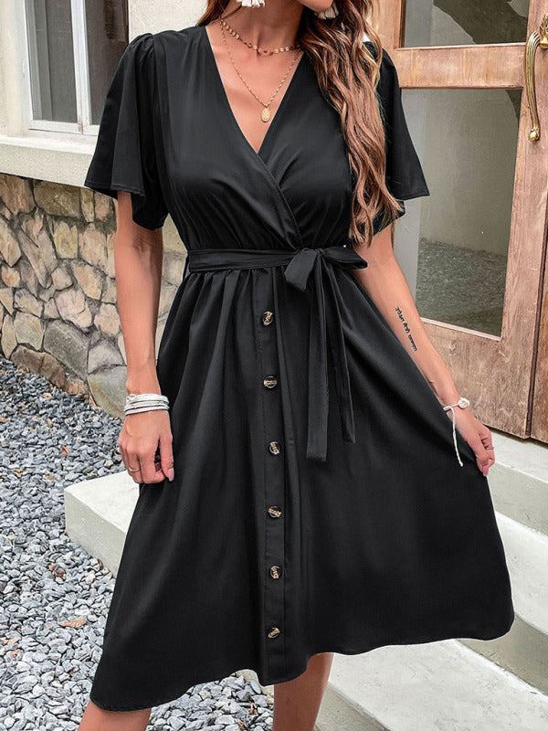 V-Neck Midi Dress with Short Flutter Sleeves and Waist Tie