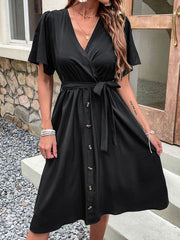 V-Neck Midi Dress with Short Flutter Sleeves and Waist Tie