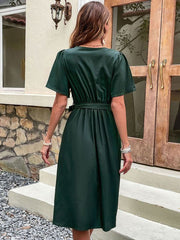 V-Neck Midi Dress with Short Flutter Sleeves and Waist Tie